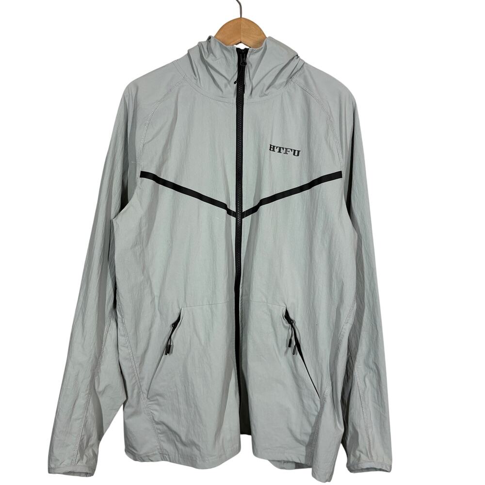 HTFU Track Jacket Full Zip Athletic Sport Silver Gray Pockets Hoodie Hood - XL